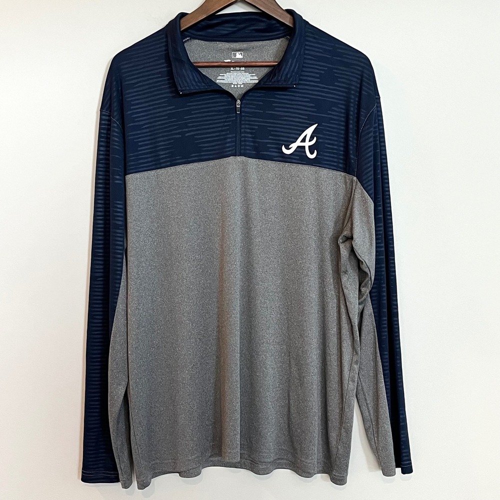 Fanatics MLB Atlanta Braves Mens XL Quarter Zip Pullover Navy Grey Colorblock